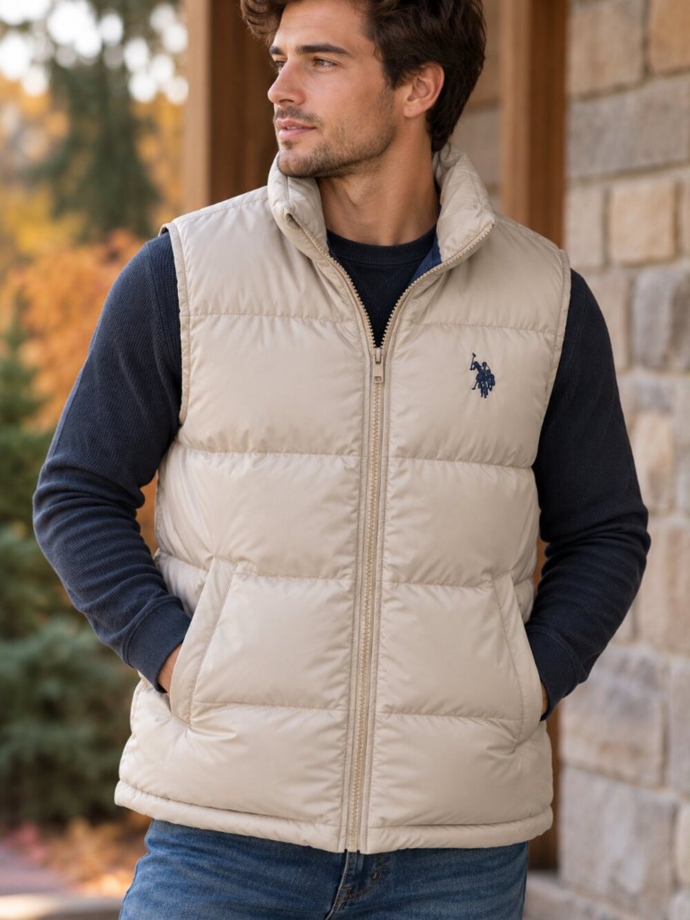 U.S. Polo Assn. Beige Quilted Puffer Vest Full Zip Small